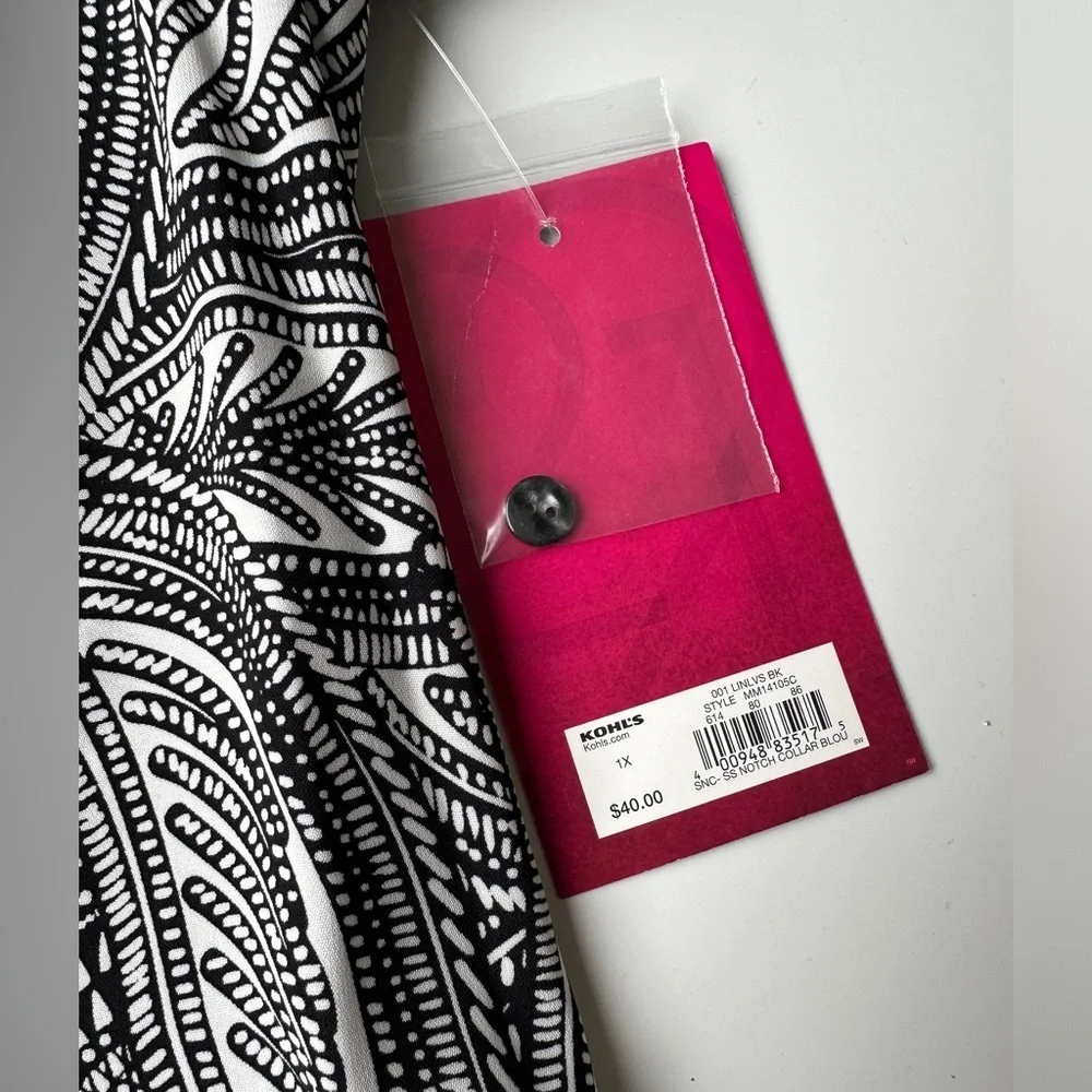 NWT 212 Collection Black White Soft Short Sleeve Button Up Blouse Top Women’s 1X - Picture 5 of 8